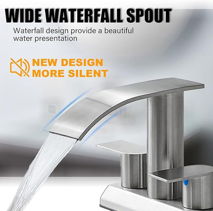 IKEBANA Brushed Nickel Waterfall Bathroom Faucet,2 Handle Stainless Steel 4 inch Bathroom Sink Faucet Modern Waterfall Spout Faucets Lead-Free Faucets with Supply Hoses and Pop-up Drain, IK-ZT2317L