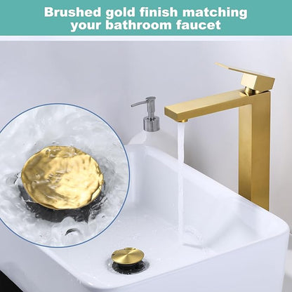 Bathroom Sink Drain Without Overflow, ARCORA Brushed Gold Pop Up Drain for Vessel Sink Clicker Drain Stopper