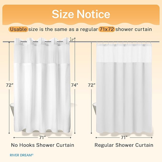 RiverDream Heavyweight Waffle No Hook Shower Curtain with Liner,White,71x74 | Dotted Waffle,Snap-in Liner,Heavy Duty,Quick Dry,Mesh Top Window,With Bottom Magnets,Hotel-Grade,Washable,Standard Size