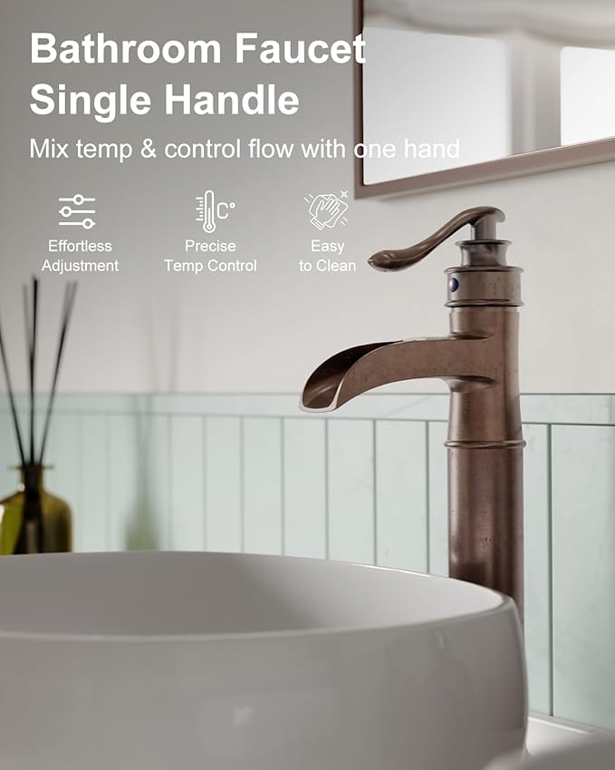 BWE Vessel Sink Faucet Waterfall Antique Copper Single Hole with Pop Up Drain Stopper Without Overflow and Supply Lines One Handle Vanity Basin Bath Sink Mixer Tap