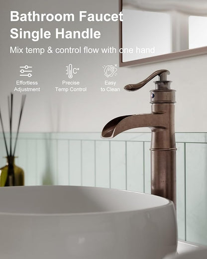 BWE Vessel Sink Faucet Waterfall Antique Copper Single Hole with Pop Up Drain Stopper Without Overflow and Supply Lines One Handle Vanity Basin Bath Sink Mixer Tap