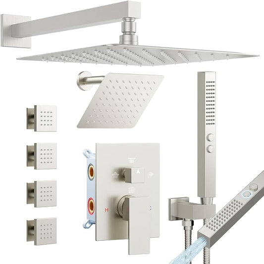 Rainfall Shower System with 4 Body Spray Jets, STARBATH 4 Way 12 + 6"Rainfall Shower Head with Handheld Combo, Shower Jets System High Pressure Shower Faucet Set, Brushed Nickel