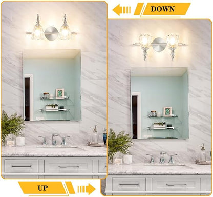 Vintage Vanity Light Fixtures for Bathroom, 2 Light Brushed Nickel Vanity Lighting Over Mirror, Bathroom Light Fixtures with Flower Clear Glass, Farmhouse Sconces Wall Lighting for Hallway