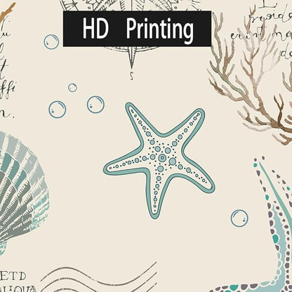 Nautical Coastal Beach Shower Curtain, Coral Starfish Seashell Ocean Bathroom Curtains, Fun Kids Bathroom Shower Curtain with Hooks Set 72 x 72 Inch