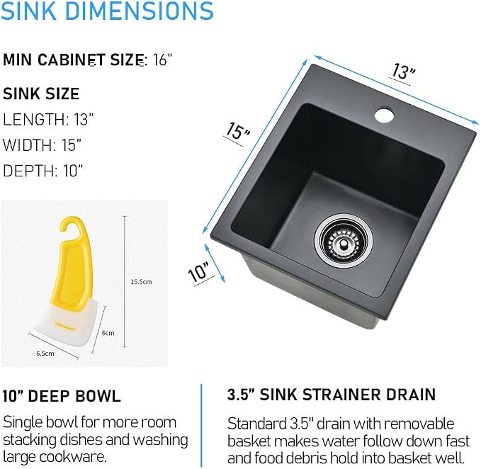 Black Drop In Bar Sink Quartz, 13x15 Inch | Granite Composite Quartz Small Kitchen Sink RV Wet Bar Topmount Single Bowl Kitchen Sink with Small Rubber Squeegee