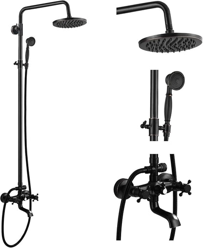 gotonovo Exposed Bathroom Shower Faucet Wall Mounted Shower System 8 Inch Shower Head and Tub Spout Double Cross Handles Adjustable Handheld Sprayer Straight Pipe Oil Rubbed Bronze