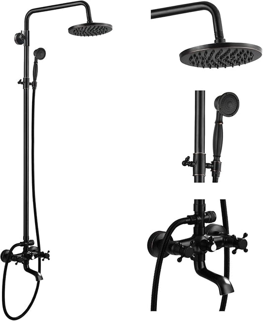 gotonovo Exposed Bathroom Shower Faucet Wall Mounted Shower System 8 Inch Shower Head and Tub Spout Double Cross Handles Adjustable Handheld Sprayer Straight Pipe Oil Rubbed Bronze