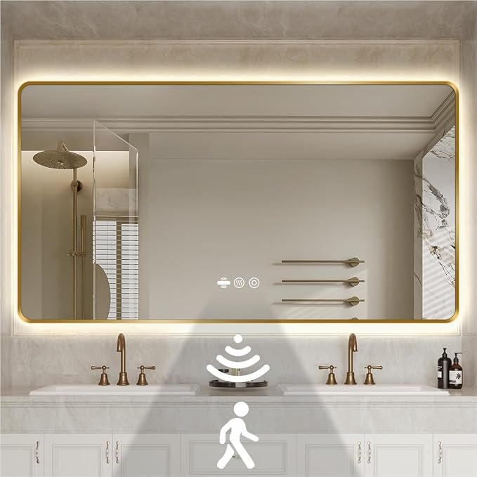 48" x 36" Gold LED Bathroom Mirror with Lights - Motion Sensor | Smart Backlit Mirror, Anti Fog, Stepless Dimmable & 3-Color, Wall Mounted Lighted Bathroom Vanity Mirror, UL-Listed, CRI≥93