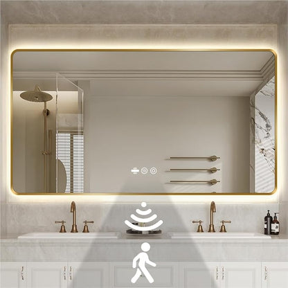 48" x 36" Gold LED Bathroom Mirror with Lights - Motion Sensor | Smart Backlit Mirror, Anti Fog, Stepless Dimmable & 3-Color, Wall Mounted Lighted Bathroom Vanity Mirror, UL-Listed, CRI≥93