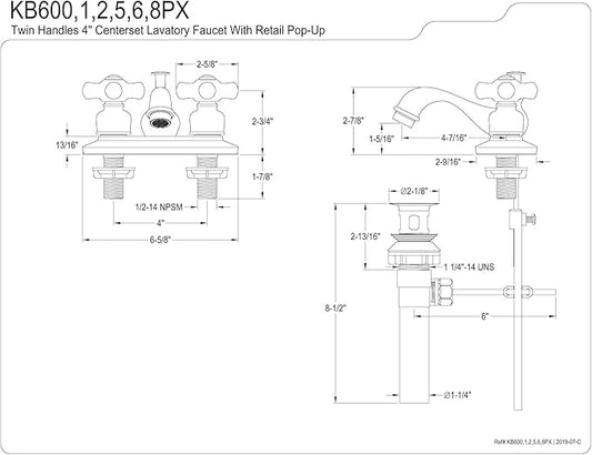 Kingston Brass KB608PX Centerset Lavatory Faucet, Brushed Nickel,4-Inch Center