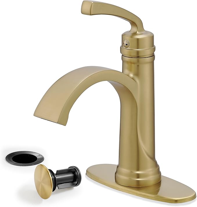 Brushed Gold Bathroom Faucet, Brass 1 Handle Bathroom Waterfall Sink Faucet 1 Hole or 3 Hole (4 Inch) with Pop Up Drain, Deck Plate, Extended 23.4 Inch Hoses for Farmhouse, Vanity, Restroom