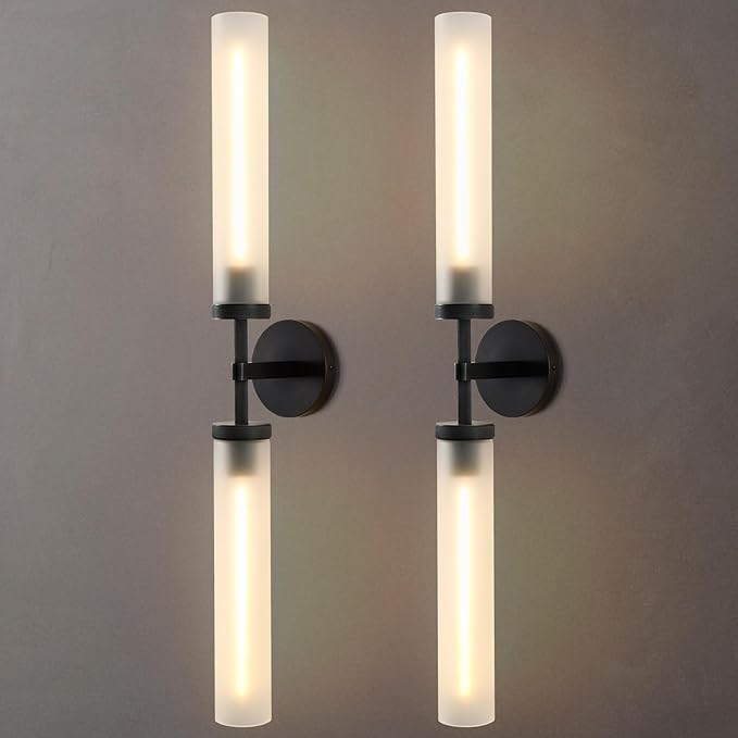 30" 2 Lights Hardwired Frosted Glass 2 PC Bathroom Wall Sconces, Handmade Knurled Black Wall Light Fixture,Modern Vanity Light for Living Room,Hallway, Bedroom, Indoor Sconces