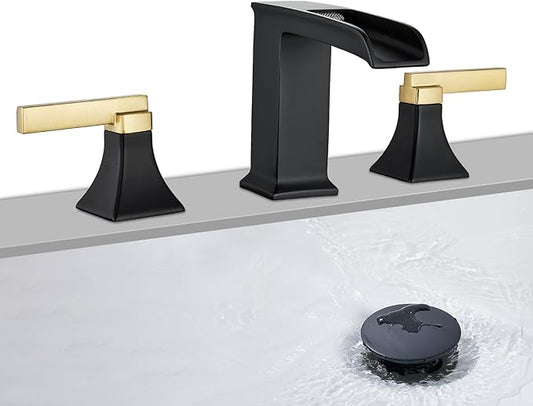 Black and Gold Bathroom Faucet 3 Hole, Sanliv Waterfall Bathroom Faucet, 8 Inch Widespread Bathroom Sink Faucet, Modern Two Handle Vanity Faucets with Pop Up Drain Black and Gold