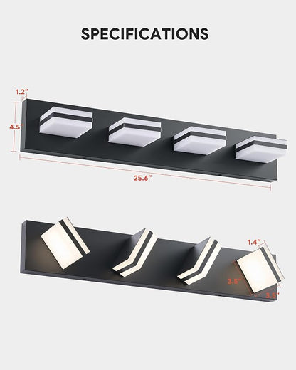 VONLUCE LED Modern Bathroom Vanity Light Fixture, Matte Black | 26'', 4-Light, 3CCT, 360° Rotate, High CRI, Flicker-free, Dimmable, Memory Function, Waterproof IP44, Easy Installation