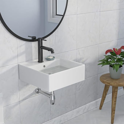 Wall Mounted Vessel Sink 18"x18" Ceramic Floating Bathroom Sink | Floating Wall Hung Sinks Modern Porcelain Wall Hung Sink Wash Hand Basin Vanity Sink with Overflow