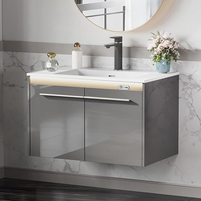 AMERLIFE 31" LED Floating Bathroom Vanity with Single Sink, Modern High Gloss Wall Mounted Bathroom Storage Cabinet with Metal Handles, Gray