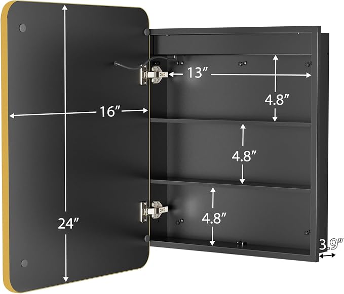 ROOMTEC 16 x 24 Inch Medicine Cabinet Mirror with LED Lights, Gold Bathroom Medicine Cabinet with Mirror and Storage, Recessed or Wall Mount, 3 Color Temperature, Dimmable Light