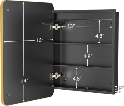 ROOMTEC 16 x 24 Inch Medicine Cabinet Mirror with LED Lights, Gold Bathroom Medicine Cabinet with Mirror and Storage, Recessed or Wall Mount, 3 Color Temperature, Dimmable Light