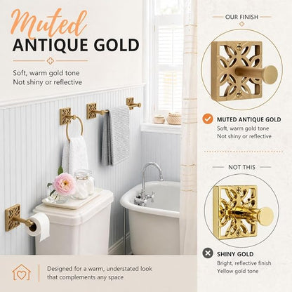 Autumn Alley 5-Piece Bathroom Hardware Set – Antique Gold (Muted, Brushed Finish – Not Shiny), Wall Mounted Towel Bar, Towel Ring, Toilet Paper Holder & Robe Hooks, Bathroom Accessories Set Complete