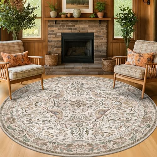 Hazo Haus Boho 6ft Area Round Rug for Living Room - Floral Vintage Circular Rug for Kids Bedroom, Dining Room, Home Office, Washable Low Pile Non Slip, Moss Green & Olive Indoor Aesthetic Décor