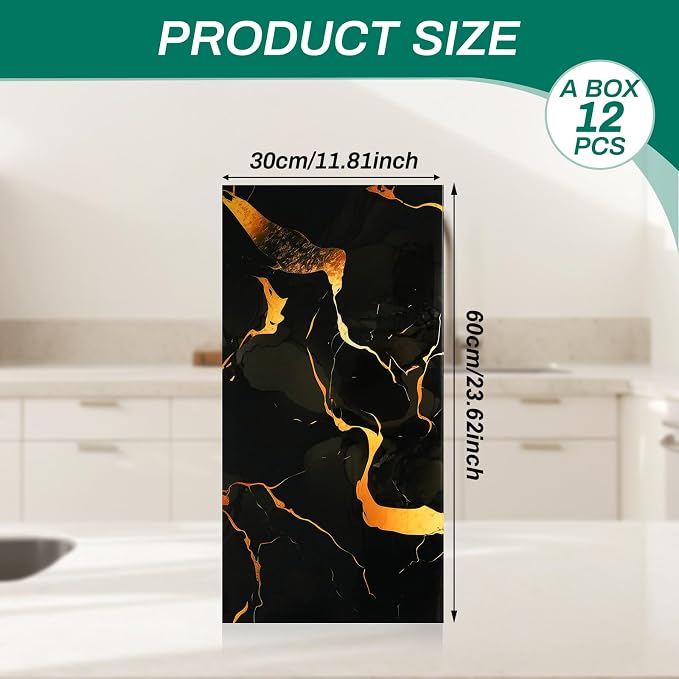 12pcs Black and Gold Peel and Stick Tiles 23.6"x11.8" Waterproof Heat Resistant Self Adhesive Removable PVC Wall Panels for Kitchen Backsplash, Bathroom, Laundry Room (Not Real Tile, Not for Floor)