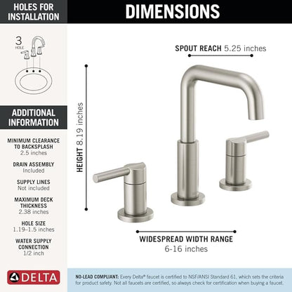 Delta Faucet Nicoli Widespread Bathroom Faucet Brushed Nickel, Bathroom Faucet 3 Hole, Bathroom Sink Faucet, Drain Assembly, Stainless 35849LF-SS