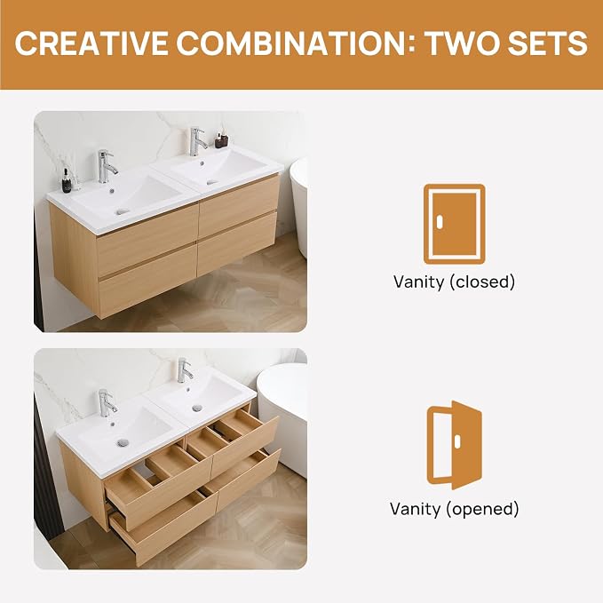 Wall-Mount Bathroom Vanity with Sink Combo, Cabinet Included, Large Drawers for Ample Storage (Wood, 48“)