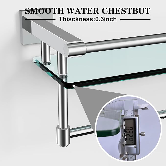 Bathroom Glass Shelf with Towel Rack Organizer Wall-Mounted Bathroom Storage SUS304 Stainless Steel Towel Bar/Track Wall-Mounted Tempered Glass Shelves (Chrome Polished, 20-inch)