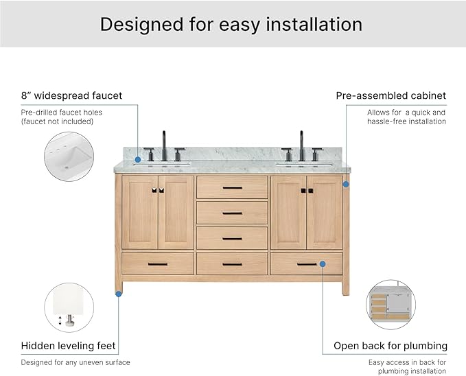 ARIEL Cambridge 66-inch Bathroom Vanity with Sink,Solid Wood, 1.5-inch Italian Carrara Marble Countertop, Double Rectangular Porcelain Sink, 4 Soft Closing Doors, 6 Dovetail Drawers, White Oak