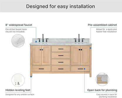 ARIEL Cambridge 66-inch Bathroom Vanity with Sink,Solid Wood, 1.5-inch Italian Carrara Marble Countertop, Double Rectangular Porcelain Sink, 4 Soft Closing Doors, 6 Dovetail Drawers, White Oak