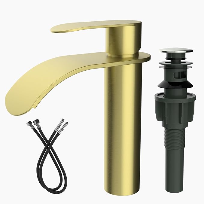 Vessel Sink Faucet,1 Hole Single Handle Tall Bathroom Vanity Faucets,Faucet for Bathroom Sink Modern Utility with Metal Pop Up Drain,Rv Lavatory Faucet Basin Mix Tap Solid Brass,Brushed Gold