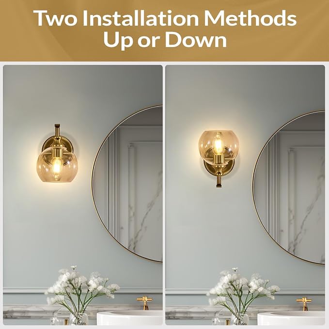 Brushed Gold Bathroom Light Fixtures, Brass Vanity Lights for Mirror, 1-Light Bathroom Wall Sconces Lighting with Globe Clear Shade Up or Down Wall Mounted for Kitchen, Living Room, Hallway