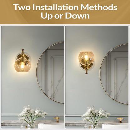 Brushed Gold Bathroom Light Fixtures, Brass Vanity Lights for Mirror, 1-Light Bathroom Wall Sconces Lighting with Globe Clear Shade Up or Down Wall Mounted for Kitchen, Living Room, Hallway