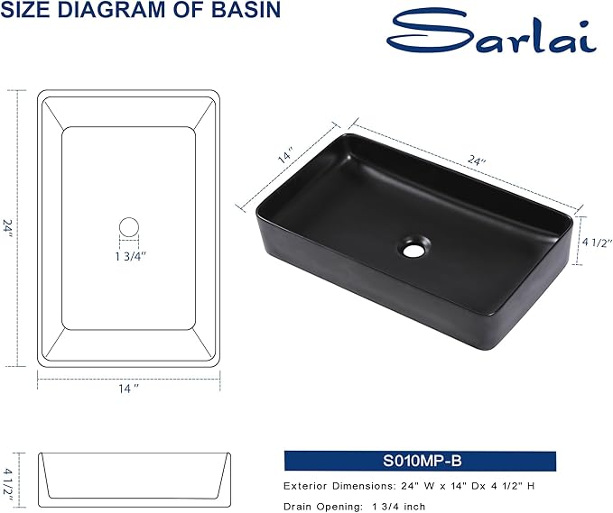 Sarlai Black Vessel Sink Rectangular - 24"x14" Modern Bathroom Vessel Sink Rectangle Above Counter Black Ceramic Porcelain Lavatory Vanity Sink Art Basin