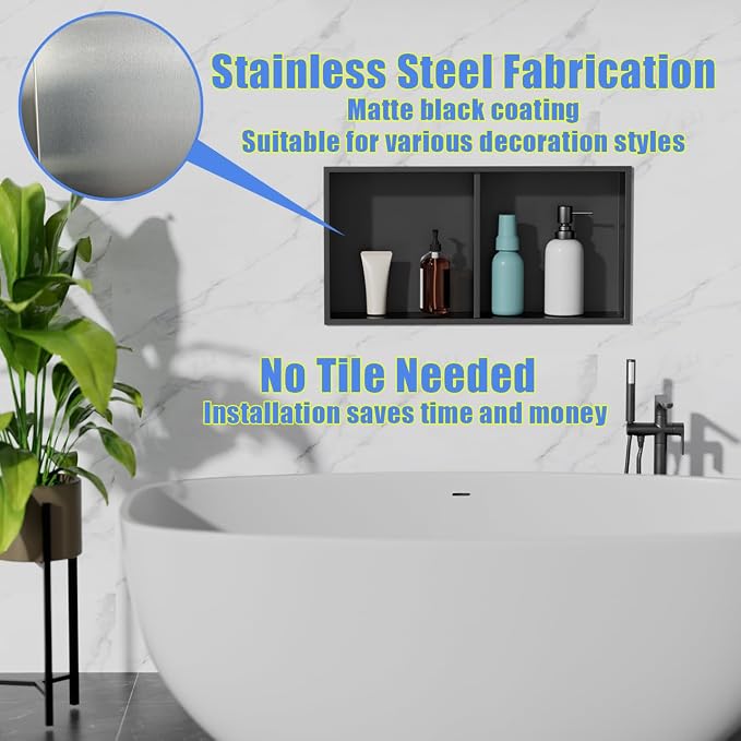 24 x 12 in Recessed Shower Niche with Double Shelves, Matte Black Stainless Steel Wall Insert, No Tile Needed, Leakproof Built-in Storage for Bathroom, Kitchen