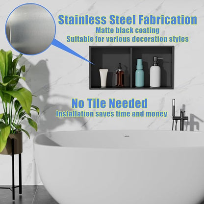 24 x 12 in Recessed Shower Niche with Double Shelves, Matte Black Stainless Steel Wall Insert, No Tile Needed, Leakproof Built-in Storage for Bathroom, Kitchen