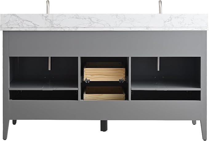 Vanity Art 60 inch Bathroom Vanity with Double Sink & Ceramic Top, Vanity Cabinet with Soft-Closing Doors, Drawers, Solid Wood Frame, Cashmere Gray,VA9060-DG-MB1