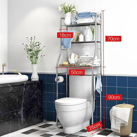3-Tier Over The Toilet Storage, Over Toilet Bathroom Organizer, Freestanding Metal Bathroom Shelves, Over The Toilet Organizer with Hooks and Paper Holder, Space-Saving, Stainless Steel