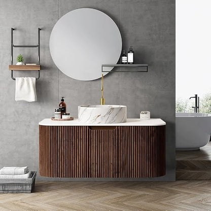 LKTART 36 Inch Floating Bathroom Vanity with Sink, Modern Wall Mounted Bathroom Storage Cabinet with Drawer, Stone Pattern Round White Ceramic Sink Top and Marble Texture Top, Walnut