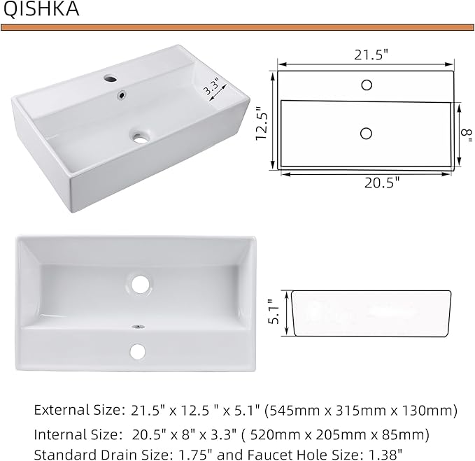Wall Mount Rectangular Bathroom Sink, QISHKA 22"x12.4" Modern Ceramic Floating Vessel Sink, White Rectangle Vanity Sink with Overflow, Wall Hung Wash Hand Basin