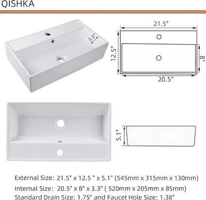 Wall Mount Rectangular Bathroom Sink, QISHKA 22"x12.4" Modern Ceramic Floating Vessel Sink, White Rectangle Vanity Sink with Overflow, Wall Hung Wash Hand Basin