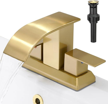 Hoimpro 3 Holes 4 Inch Bathroom Faucet, Waterfall Brushed Gold Two Handles Centerset Sink Faucet with cUPC Supply Hoses and Pop Up Drain