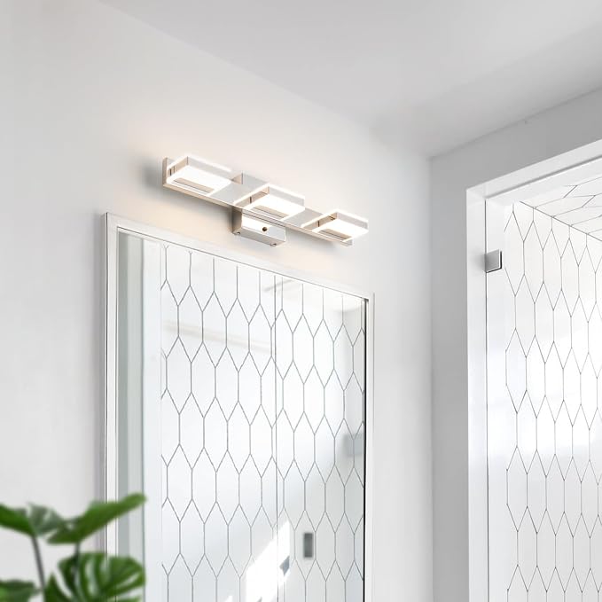 mirrea 20" 3 Light 3CCT Chrome LED Bathroom Vanity Light Fixture | Over Mirror,Bathroom Lighting,3000K/4000K/5000K ,Dimmable,Rust-resistant,Moisture-resistant,Acrylic shade,Wall Mount
