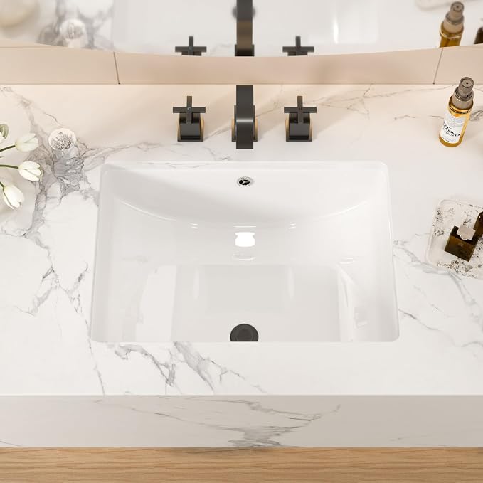 White Ceramic 22"x15" Undermount Bathroom Lavatory Sink | Rectangle under counter white bathroom vessel vanity sink for bathroom