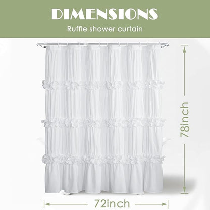 Homechoice Decor White Ruffle Shower Curtain, 72x78 | Long Bathroom Curtain with 12 Buttonholes, Vintage Handcrafted Bow Tie Bath Curtain for Master Bathroom (LQ-10)