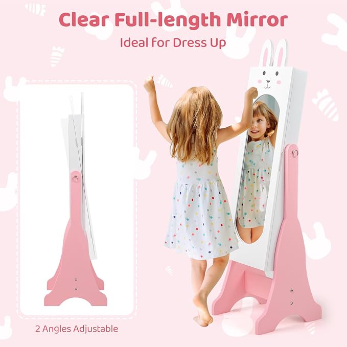 CHARMAID Kids Mirror Jewelry Cabinet - 45" Standing Jewelry Armoire with Full Length Mirror, Bunny Shaped Vanity Dressing Mirror for Girls, Kids Jewelry Organizer with Storage Drawers (White)