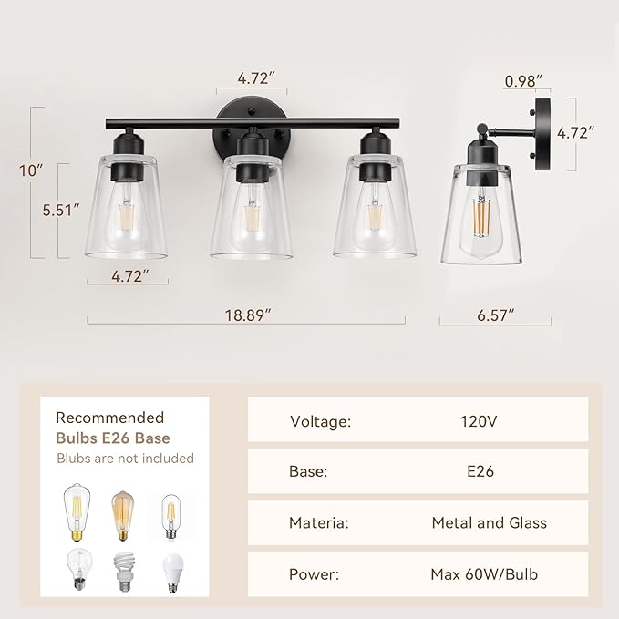TALOYA 19 Inch Brushed Black Bathroom Light Fixtures with Thickend Clear Tapered Glass Shade, 3-Light Modern Vanity Light Over Mirror for Bathrooms, Bedrooms (Bulbs Not Included)