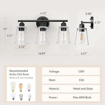 TALOYA 19 Inch Brushed Black Bathroom Light Fixtures with Thickend Clear Tapered Glass Shade, 3-Light Modern Vanity Light Over Mirror for Bathrooms, Bedrooms (Bulbs Not Included)
