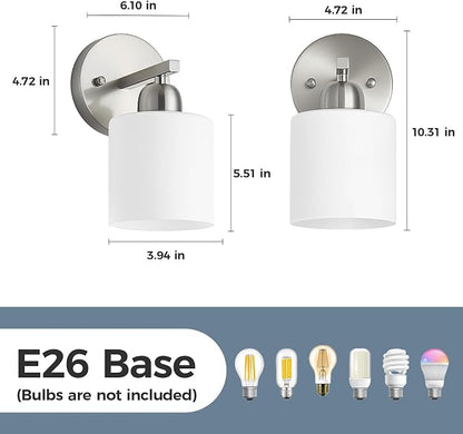 Brushed Nickel Bathroom Light, Anti-Rust Finish 2PCS Light Bathroom Vanity Light Brushed Nickel, Milky White Frosted Glass Shades, E26 Socket