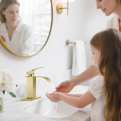 Brushed Gold Bathroom Faucets, Waterfall Bathroom Sink Faucet Modern Single Handle Bathroom Faucte 1 or 3 Hole, RV Mixer Tap Vanity Faucet - Includes Pop-up Drain Supply Hoses Deck Plate